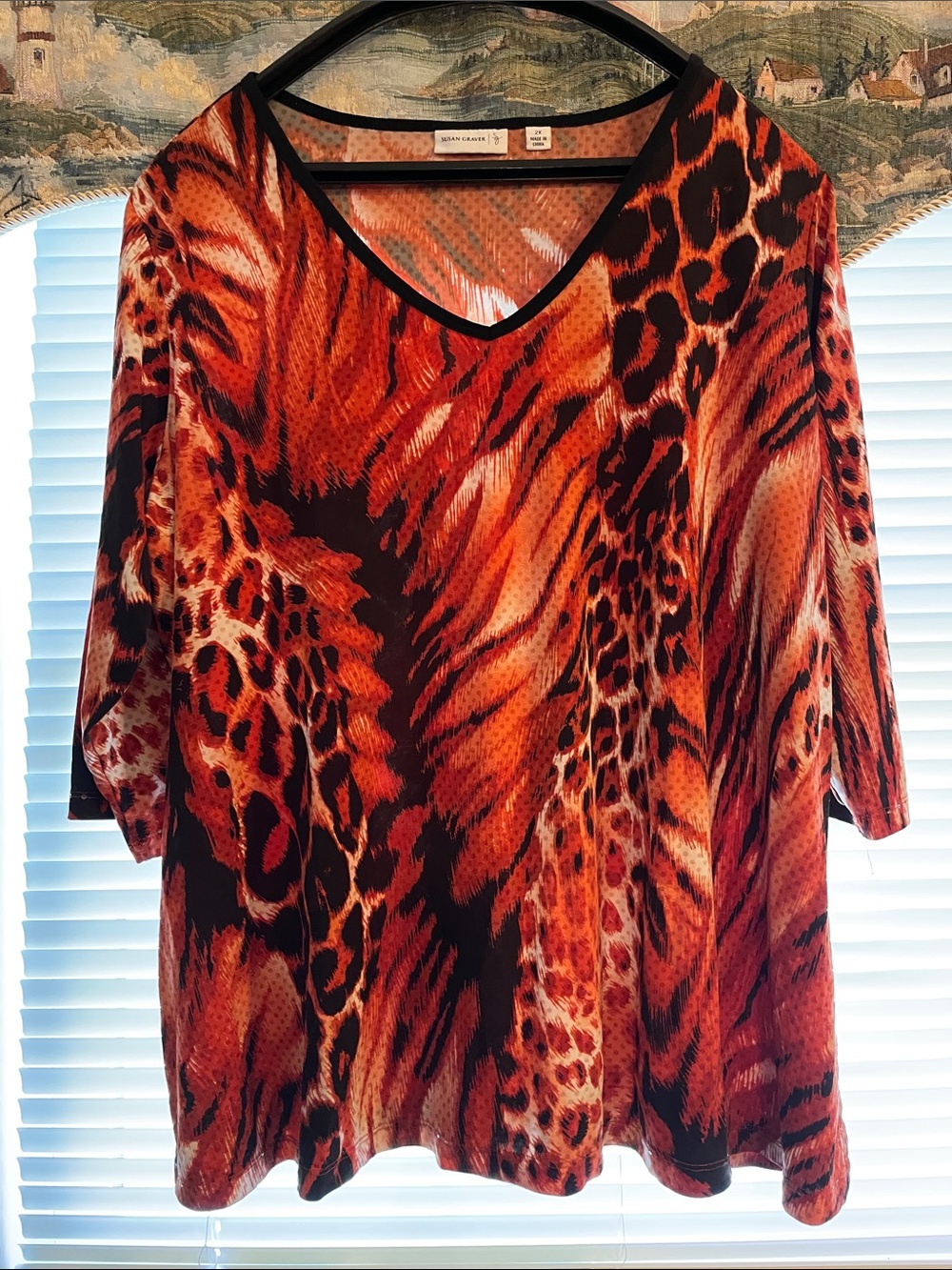 Susan Graver Vibrant Animal-Print V-Neck Tunic in Orange and Brown